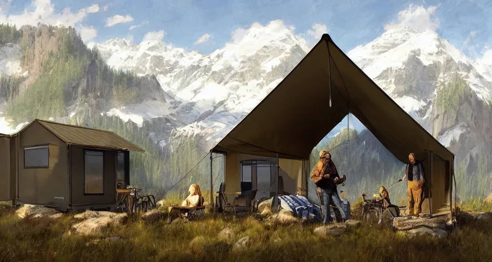 Image similar to cabela's beautiful comfortable carbon framed, modular insulated wall portable container home kit - house all weather family dwelling tent house, person in foreground, mountainous forested wilderness open fields, beautiful views, painterly concept art, environmental concept art, concept art illustration, by james gurney, by craig mullins, by greg rutkowski trending on artstation