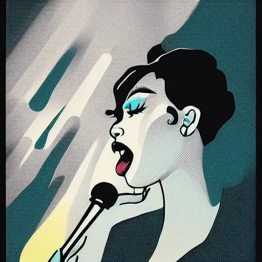 Image similar to a colorful comic noir illustration of a hauntingly beautiful woman singing the blues in new orleans by sachin teng, by queens of the stone age, dark vibes, pastel lighting, cinematic, depth of field, 8 k, high contrast, trending on artstation