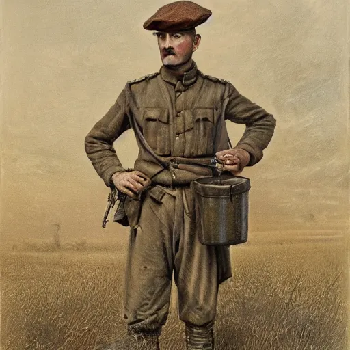 Image similar to a detailed photorealistic sepia - toned color portrait painting of a 1 9 1 7 worried clean - shaven british lieutenant in field gear in north arabia examining an ancient cylindrical clay jar, ultra realistic, intricate details, atmospheric, dark, horror, brooding, highly detailed, by clyde caldwell