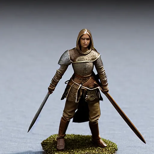 Image similar to a plastic miniature for an RPG game: Alicia Vikander as a knight. unpainted. a photograph