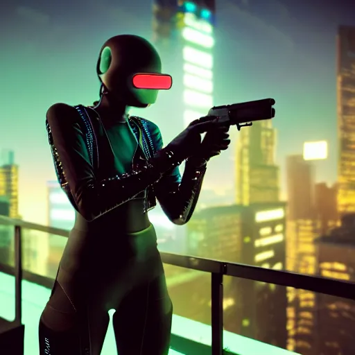 Image similar to cinestill 5 0 d candid photographic portrait of a techwear woman holding a gun on the rooftop of a futuristic city at night, closeup, modern cyberpunk moody emotional cinematic, clear skies, 8 k, hd, high resolution, 3 5 mm, f / 3 2, ultra realistic faces, ex machina