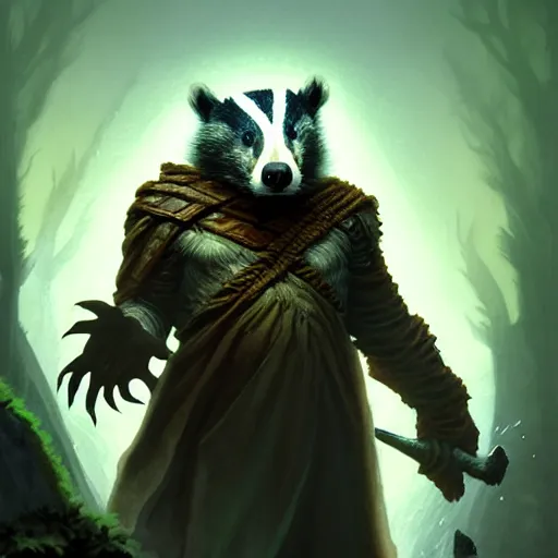 Image similar to Badger druid, spell, magic the gathering artwork, D&D, fantasy, cinematic lighting, centered, symmetrical, highly detailed, digital painting, artstation, concept art, smooth, sharp focus, illustration, volumetric lighting, epic Composition, 8k, art by Akihiko Yoshida and Greg Rutkowski and Craig Mullins, oil painting, cgsociety