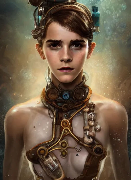 Image similar to underwater steampunk biopunk portrait of emma watson, au naturel, hyper detailed, digital art, trending in artstation, cinematic lighting, studio quality, smooth render, unreal engine 5 rendered, octane rendered, art style by klimt and nixeu and ian sprigger and wlop and krenz cushart.