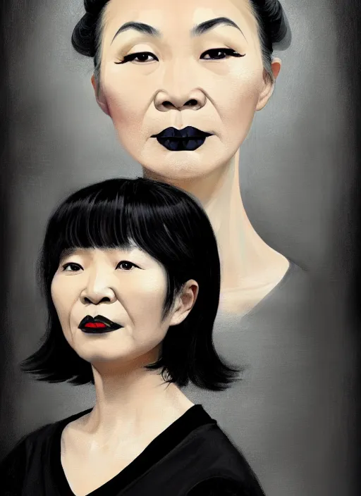 Image similar to portrait of a middle - aged asian woman with a crooked nose and a confident expression, 1 9 6 0 s, black clothes, goth, punk, brightly coloured hair, funk, intricate, elegant, highly detailed, digital painting, artstation, concept art, smooth, sharp focus, illustration, art by wlop, mars ravelo and greg rutkowski