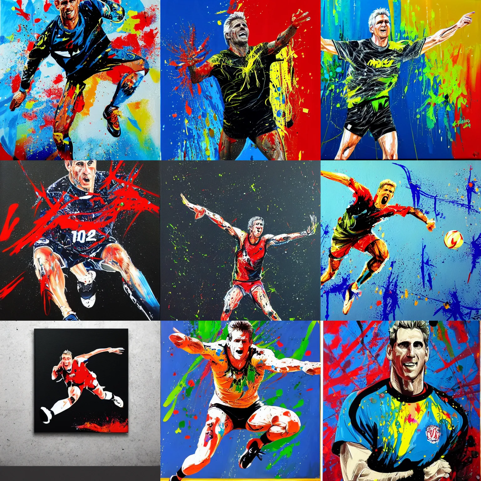 Prompt: karch kiraly, jump serve, fast action, acrylic on canvas, splattered paint, black background, trending on artstation