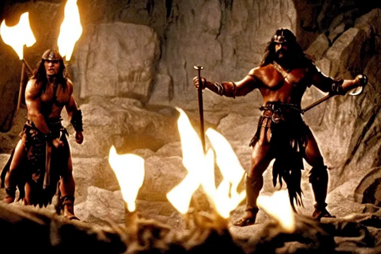 Prompt: film still from conan the barbarian, jason momoa as conan in the catacombs of evil, torch light, fantasy armor, volumetric lighting, wet skin and windblown hair, muscular!!!, battle action pose, ridley scott, high contrast