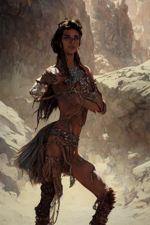 Image similar to a full body portrait of a beautiful post apocalyptic offworld desert bedouin thief savage rogue in beggars clothes in ballet pose by the emerald oasis pools, intricate, elegant, highly detailed, digital painting, artstation, concept art, smooth, sharp focus, illustration, art by krenz cushart and artem demura and alphonse mucha