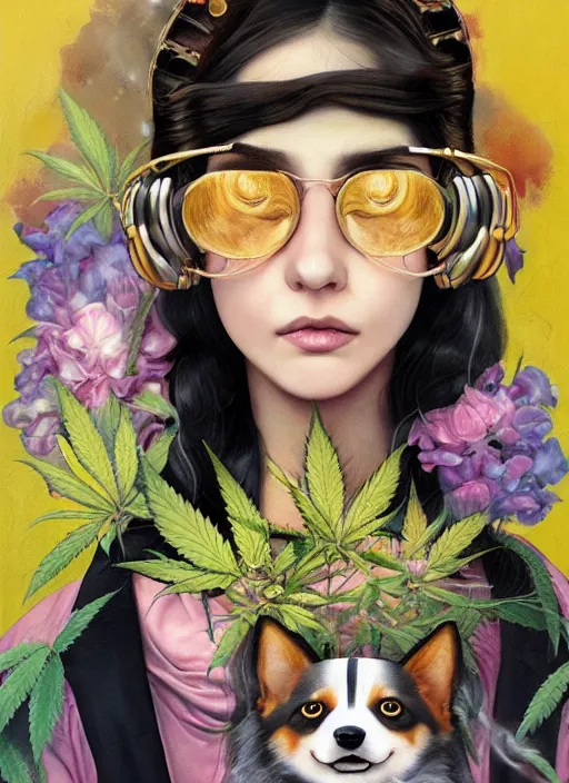 Prompt: beautiful portrait painting of a cannabis lofi cyberpunk princess and her corgi assassin king, by Afarin Sajedi, Alessandro Barbucci, Alex Gross, Shin Jeongho, Shohei Otomo. trending on Artstation, 8k, masterpiece, face enhance, graffiti paint, fine detail, full of color, intricate detail, golden ratio illustration