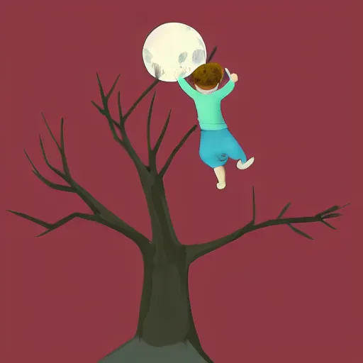 Prompt: A child, climbing on a tree made out of cotton candy on the moon, digital art