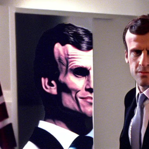 Image similar to Emmanuel Macron robot in American Psycho (1999)