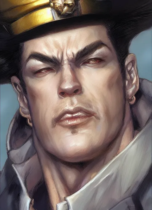 Image similar to Jotaro Kujo, closeup character portrait art by Donato Giancola, Craig Mullins, digital art, trending on artstation
