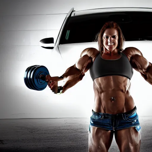 Image similar to car, bodybuilder, woman, weightlifting, toy, road, photo, digital art, hands, underbody