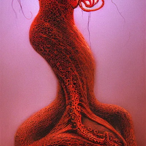 Image similar to woman with tentacles as appendages, flash, 80mm F2.8, single light source, painting by Zdzislaw Beksinski