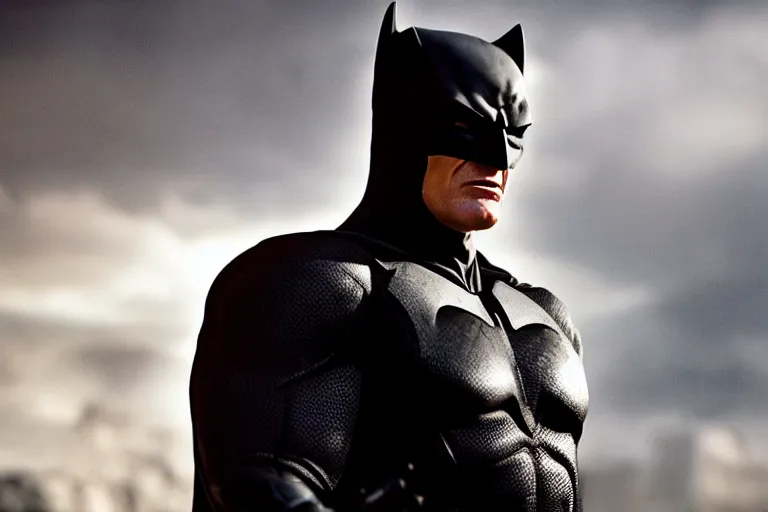 Image similar to film still of Dolph Lundgren as Batman in The Batman, 4k