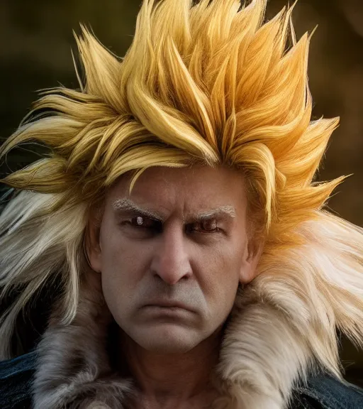 Prompt: award winning 5 5 mm close up portrait color photo of super saiyan trump, in a park by luis royo and stefan kostic. soft light. sony a 7 r iv