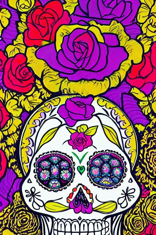 Prompt: Illustration of a sugar skull day of the dead girl, art by howard arkley