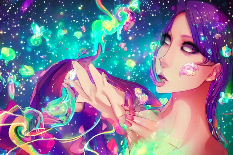 Image similar to psychedelic, full body, whimsical, anime, 4k, beautiful lusty woman blowing smoke, with professional makeup, long trippy hair, a crystal and flower dress, sitting in a reflective pool, surrounded by gems, underneath the stars, rainbow fireflies, trending on patreon, deviantart, twitter, artstation, volumetric lighting, heavy contrast, art style of Ross Tran and Viktoria Gavrilenko and Ilya Kuvshinov