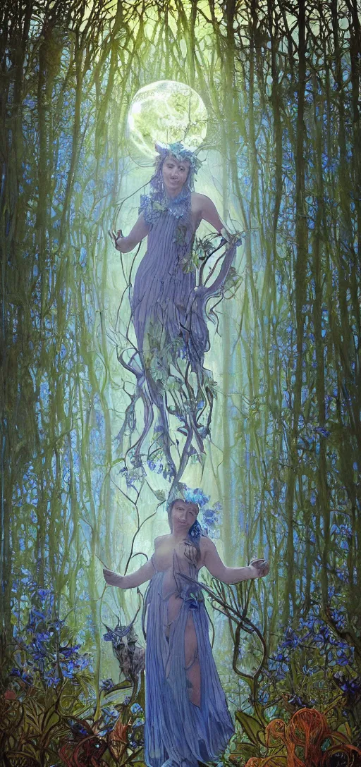 Image similar to painterly dreamy Kupala Night in the blue night forest with trees which have eyes, giant flowers, glowing owls, deers, lianas, thistles, giant fantasy creatures, a stream and sky with moon and stars by Alphonse Mucha, Alex Grey, tranding on artstation and Giger dark fantasy, witcher, very detailed oil painting in the alla prima style, volumetric lighting, masterpiece, 8k