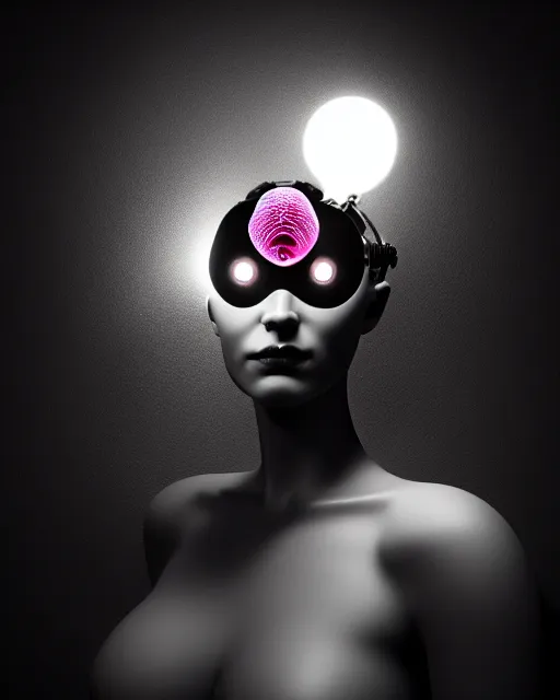 Prompt: surreal mythical dreamy dark artistic black and white fine art photo of a monumental sculpture of a female - orchid - bird - cyborg with a luminous brain, rim light, cinematic, studio dramatic light, poetic, octane render, 8 k, photo - realistic