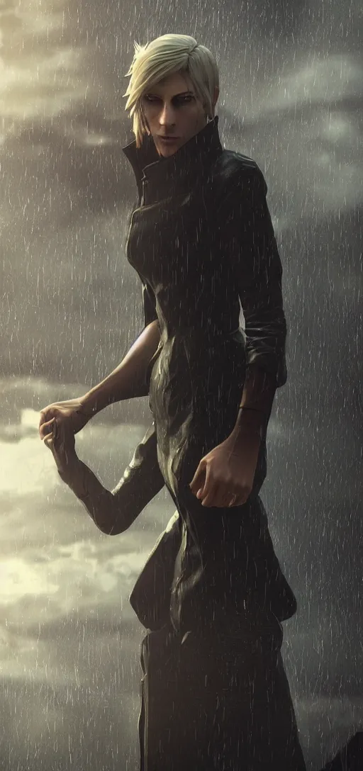 Image similar to distant shot of annie leonhart in dunwall city, mid air shot, redshift render, beautiful face, detailed face, cinematic lighting, rainy weather, melancholy atmosphere, volumetric light, octane render, dishonored 1, gothic architecture, realistic reflections, octane render 8 k, action shot
