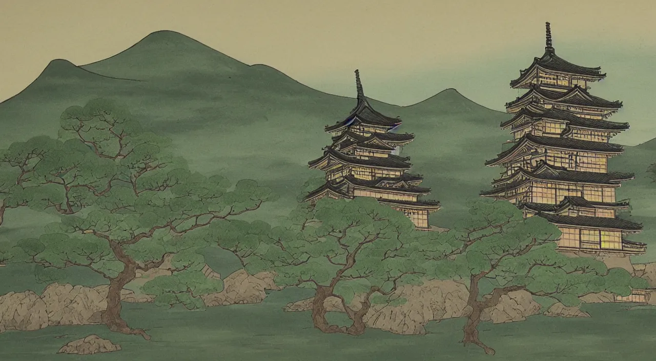 Image similar to a landscape painting of a Japanese castle