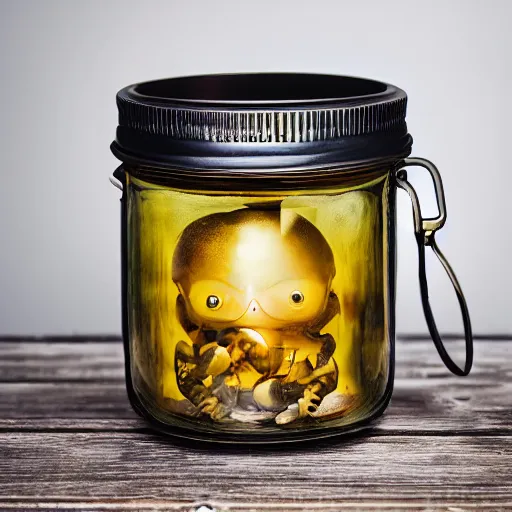 Image similar to Evil monster in a jar, product photography, centered, studio lightning