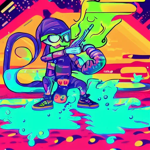 Prompt: splatoon, retrowave epic art, trending on art station