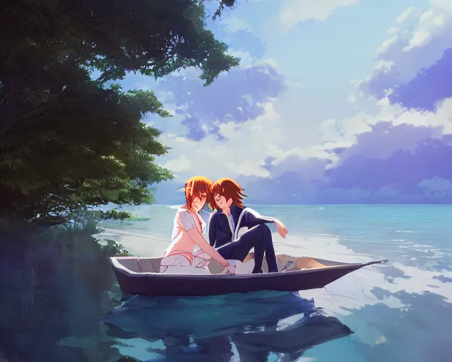 Image similar to a boy and a girl with long flowing auburn hair, boy has short black hair, sitting next to each other in one single boat. Atmospheric lighting, long shot, romantic, boy and girl are the focus, trees, blue water. Anime. By Makoto Shinkai, Stanley Artgerm Lau, WLOP, Rossdraws, James Jean, Andrei Riabovitchev, Marc Simonetti, krenz cushart, Sakimichan, D&D trending on ArtStation, digital art.