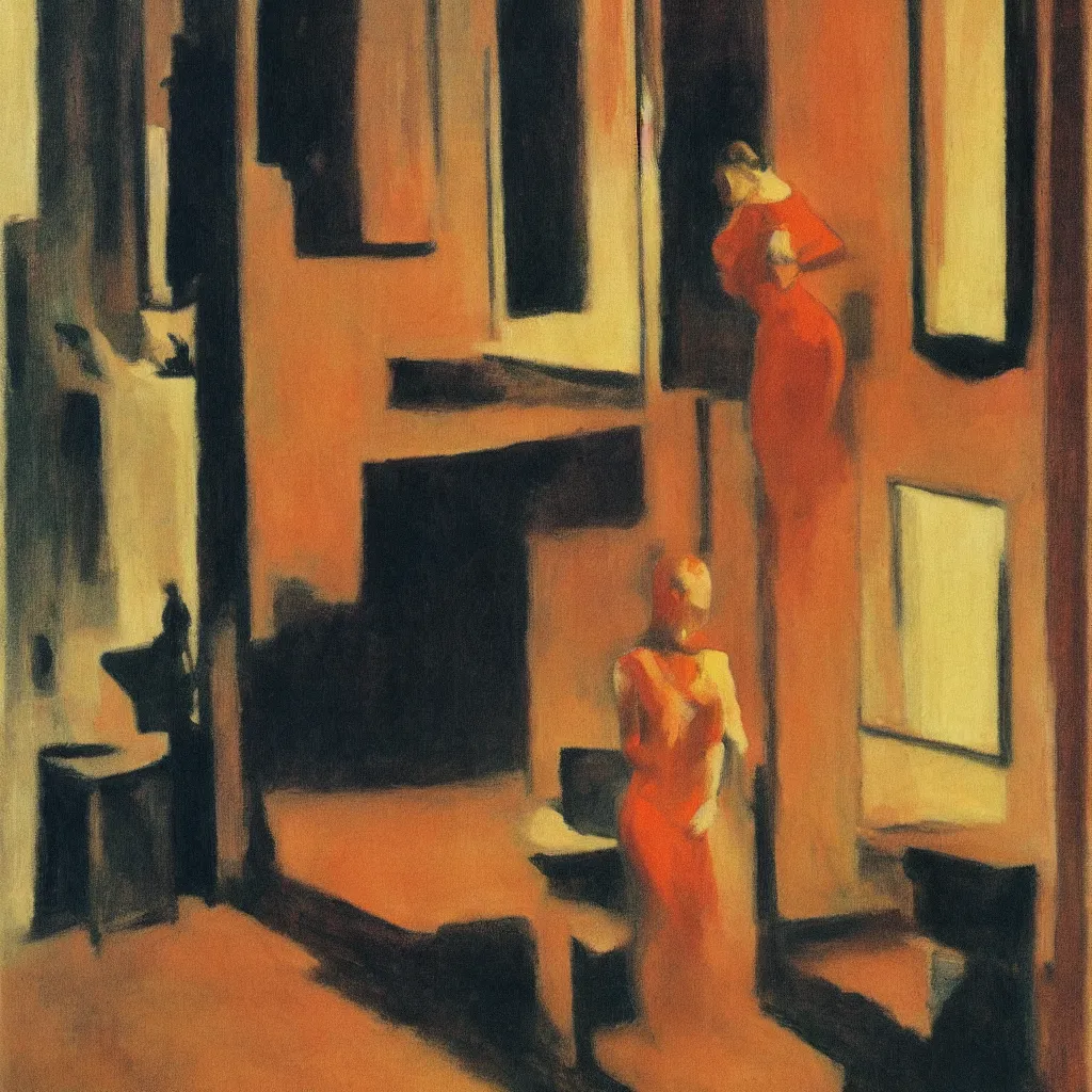 Image similar to seeing her in my mirror when lights in the back room are on and shadows are crawling back into my life, style of Edward Hopper, John Singer Sargant, Francis Bacon, colors of Mark Rothko