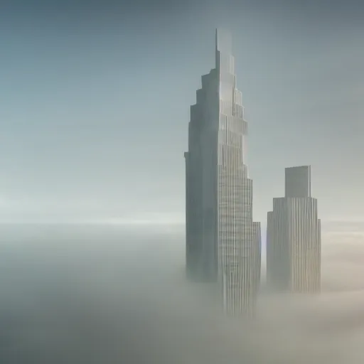 Prompt: lone skyscraper rising from an opaque carpet of fog in an otherwise sunny day. lateral view showing the building from top to bottom. dynamic perspective, surrealism, concept art by dom qwek, trending on cg society, futurism, futuristic, volumetric lighting, aesthetic. digital matte painting