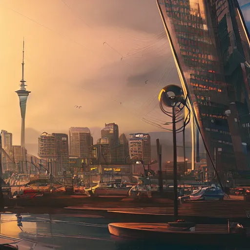 Image similar to auckland city and sky tower and harbor bride solarpunk, dynamic lighting, cinematic composition, artstation, ayan nag, marcin rubinkowski, adrien girod