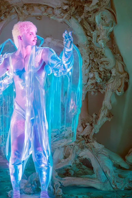 Prompt: photo of full-body rococo and cyberpunk delicate neon crystalline sculpture of ((muscular pale blue albino prince Nick Jonas)) as an iridescent humanoid deity wearing a thin see-through ((plastic hooded cloak)) (holding a human skull) in a neon castle dungeon, reclining con (((las piernas abiertas))), glowing pink face, crown of (white lasers), large diamonds, swirling black silk fabric. futuristic elements. oozing glowing liquid, full-length view. space robots. intricate artwork by caravaggio. Trending on artstation, octane render, cinematic lighting from the right, hyper realism, octane render, 8k, depth of field, 3D