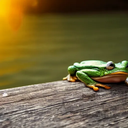 Prompt: frog sitting on a bench next to a lake in the mountains watching a beautiful sunset, photorealistic