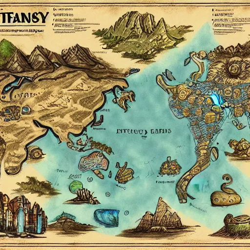 Image similar to imaginary map of a fantacy world, drawing of different elements in the lands, different realms, blueprint, infographic, on paper, natural colors, vintage, with notes, highly detailed, trending on artstation, beautiful