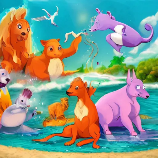 Image similar to Magical animals having a swin party, cartoon, trending on artstation