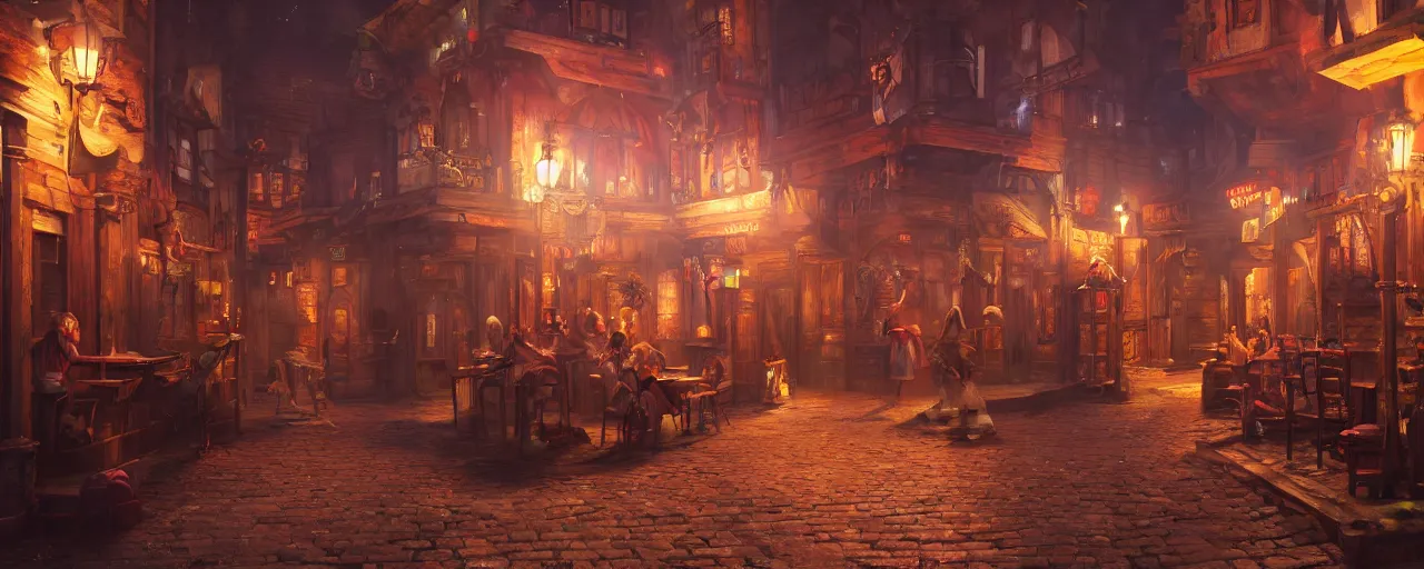 Image similar to tavern bard infront of tiny, narrow dark streets with exotic dancers, exterior, two stories, vaporwave aesthetics, 8 k uhd, unreal engine, octane render in the artstyle of finnian macmanus, john park and greg rutkowski