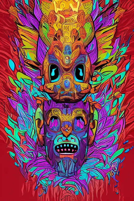 Image similar to animal mask totem roots flower tribal feather gemstone plant wood rock shaman vodoo video game vector cutout illustration vivid multicolor borderlands comics by josan gonzales and dan mumford radiating a glowing aura