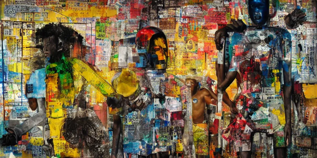 Image similar to robot in Ajegunle slum of Lagos conversing with African Jesus Christ about beauty under a large UFO beaming a neon ray, painting by Robert Rauschenberg,