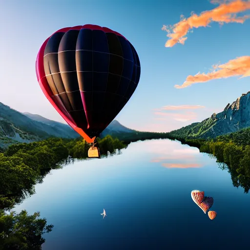 Image similar to realistic extremely detailed photo of a hot air balloon flying above a beautiful reflective mountain lake, two black swans swimming in the lake, touching heads, forming a heart with their necks, granular detail, holographic krypton ion, octane render, 4k, f32,55mm photography, wide angle