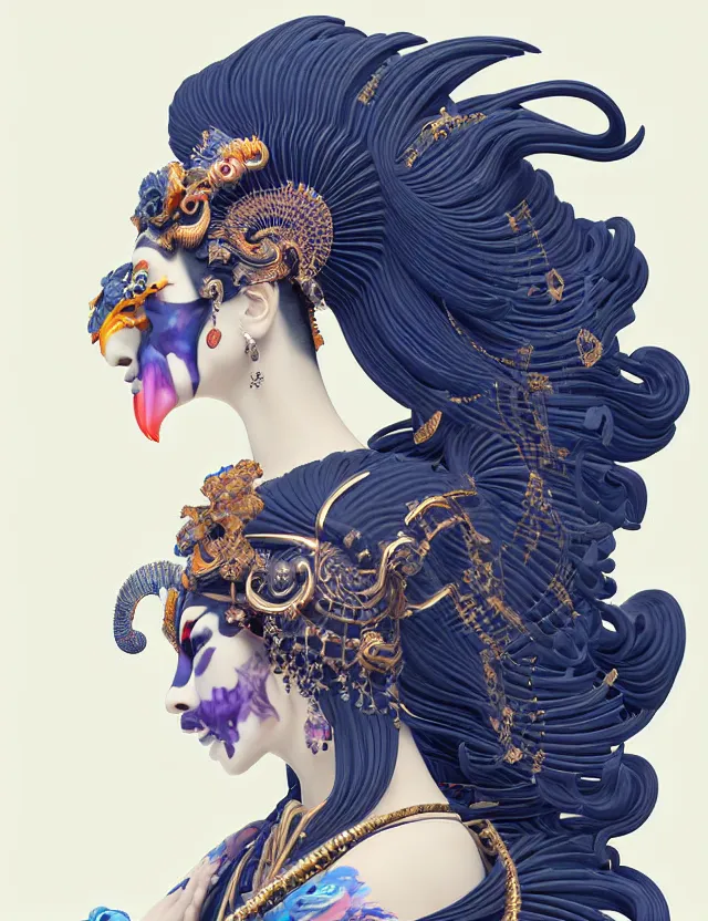 Image similar to 3 d goddess close - up profile simple portrait baroque queen with mohawk with ram skull. beautiful intricately detailed japanese crow kitsune mask and clasical japanese kimono. betta fish, jellyfish phoenix, bio luminescent, plasma, ice, water, wind, creature, artwork by tooth wu and wlop and beeple and greg rutkowski