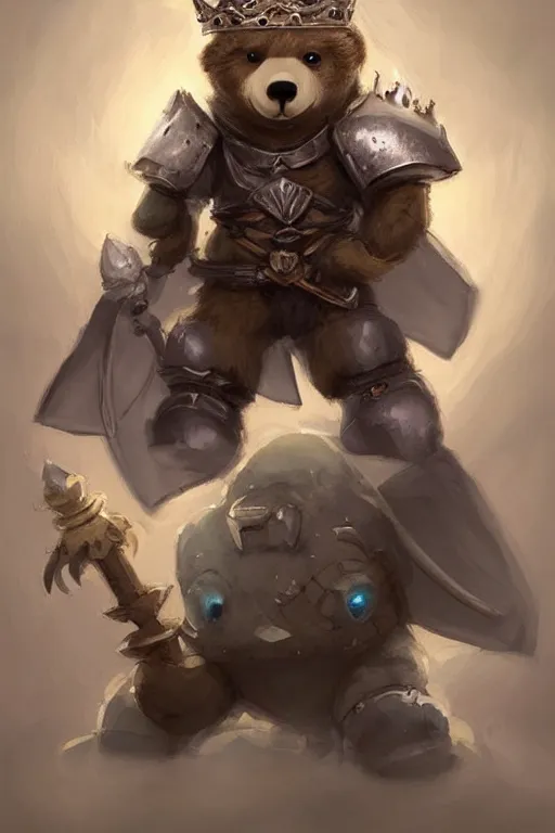 Image similar to cute little anthropomorphic bear knight wearing a cape and a crown, tiny, small, miniature bear, baby animal, short, pale blue armor, cute and adorable, pretty, beautiful, DnD character art portrait, matte fantasy painting, DeviantArt Artstation, by Jason Felix by Steve Argyle by Tyler Jacobson by Peter Mohrbacher, cinematic lighting