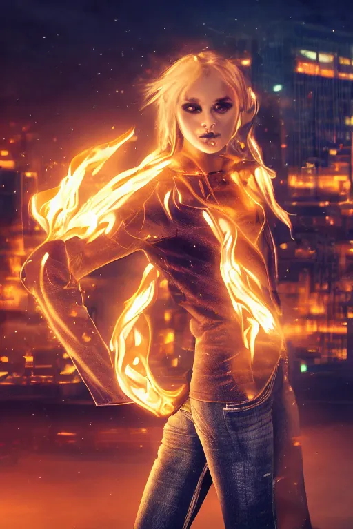 Image similar to young blonde woman with flames dancing on her hands with a long jacket in a cyberpunk city, realistic, high definition, detailed and realistic face, detailed and realistic hands, expressive eyes, 4 k, shimmering color, epic digital art