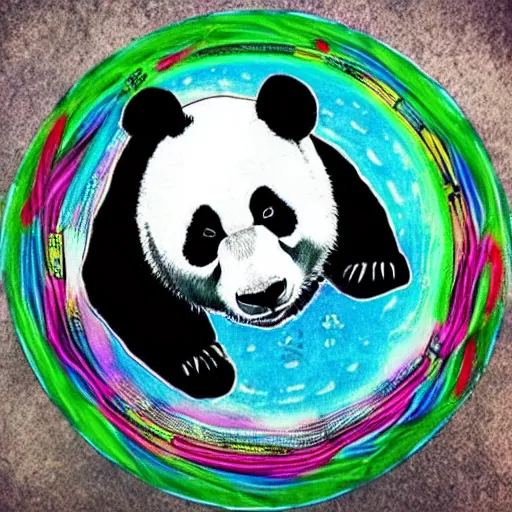 Image similar to “dmt ayahuasca dream of a panda riding an unicycle, psychedelic”