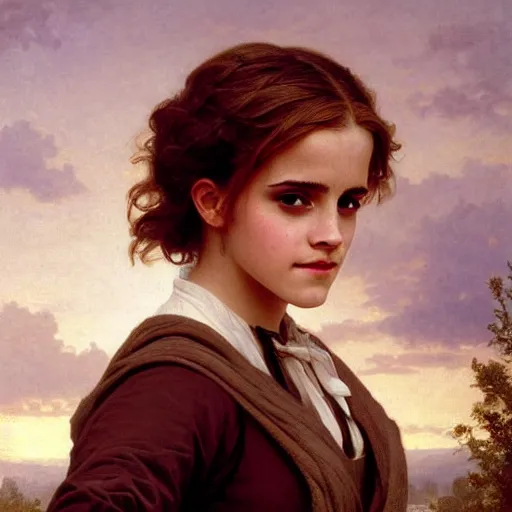 Image similar to painting of emma watson as hermione granger. beautiful. gorgeous. during golden hour. art by william adolphe bouguereau.