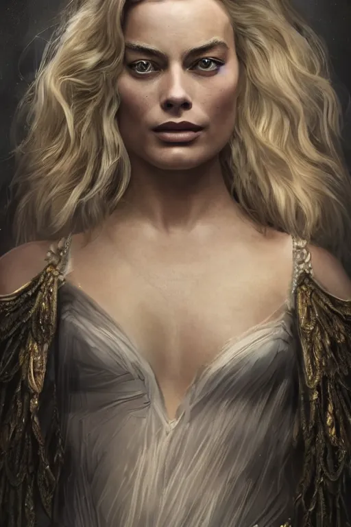 Image similar to Margot Robbie Majestic and regal portrait, Perfect face, beautiful, intricate, epic, elegant, menacing, fantasy, highly detailed, digital painting, hard focus, beautiful volumetric lighting, epic light, ultra detailed, by Leesha Hannigan, Ross Tran, Thierry Doizon, Kai Carpenter, Ignacio Fernández Ríos