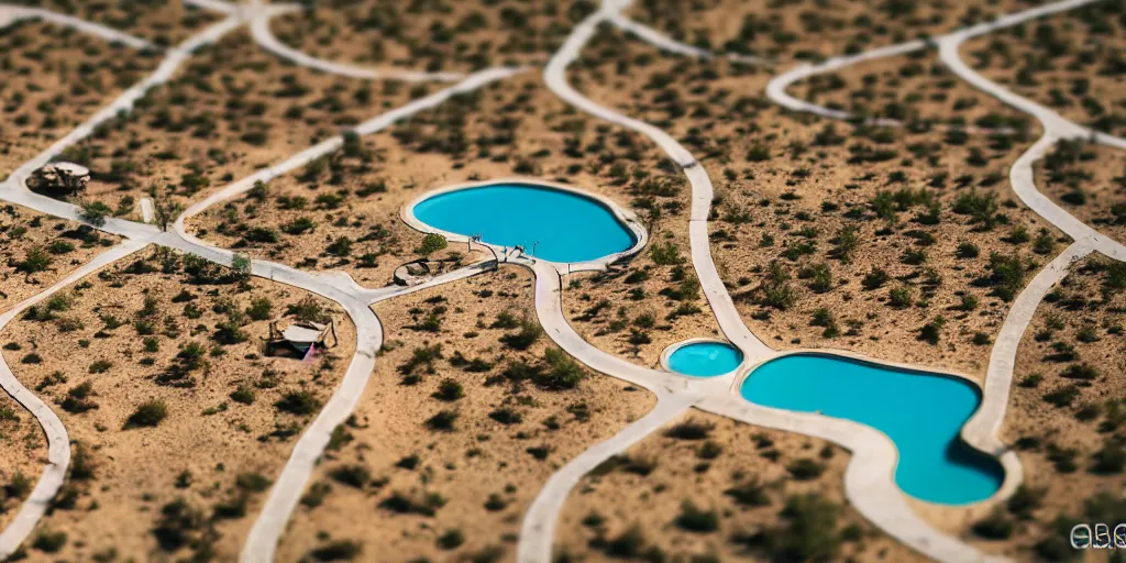 Image similar to Aerial Photo of nostalgic abandoned desert oasis, photo realistic, isometric, tilt shift, bokeh, award winning, trending, 8k, HD