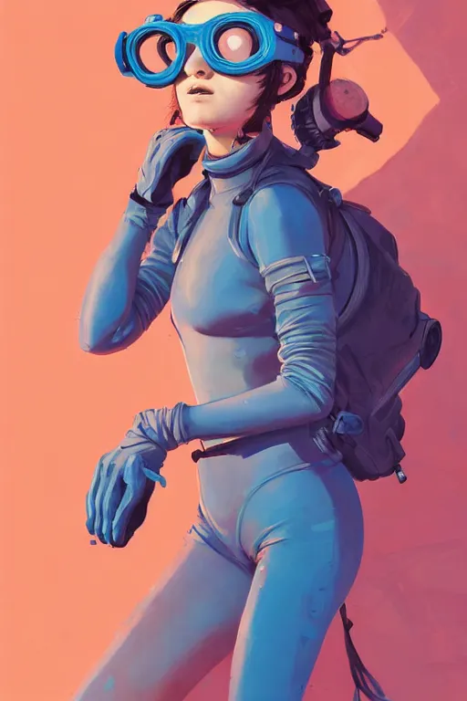 Image similar to portrait painting of a teenage girl with swept back wild blue hair, fashionable, windy, goggles, sharp focus, award - winning, cinematic pose, cinematic lighting, trending on artstation, masterpiece, highly detailed, intricate. art by josan gonzales and moebius and deathburger