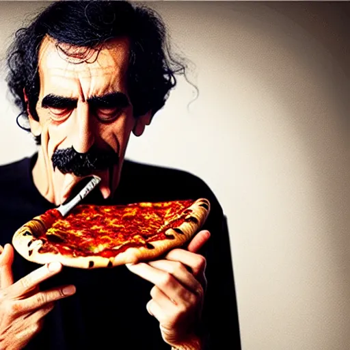 Prompt: frank zappa smoking a pizza, 8 k, photorealistic, octane render, award winning photography, lovecraft style, horror atmosphere, cinematic, hyper realism,