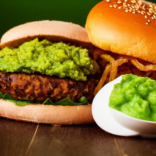 Image similar to juicy vegan hamburger with guacamole topping and crispy fried onion topping and a fried egg topping, crispy buns, 8 k resolution, professional food photography, studio lighting, sharp focus, hyper - detailed