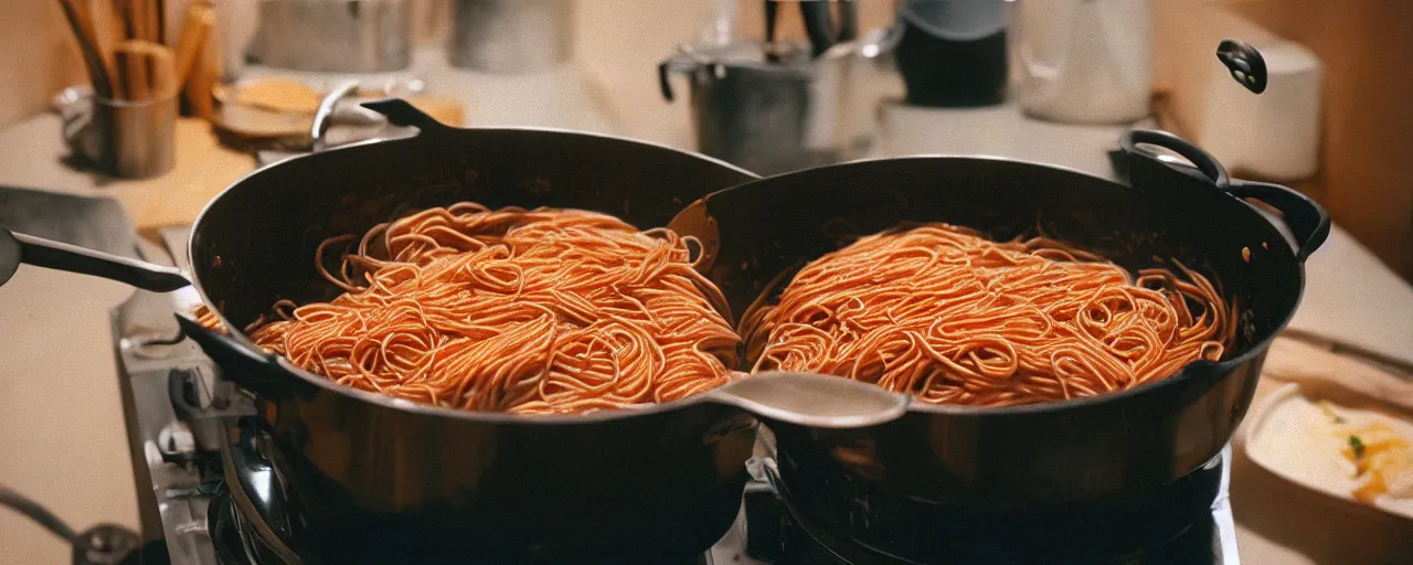 Image similar to medium shot of spaghetti being cooked in a large pot, home kitchen, sharply focused, canon 5 0 mm, wes anderson film, kodachrome